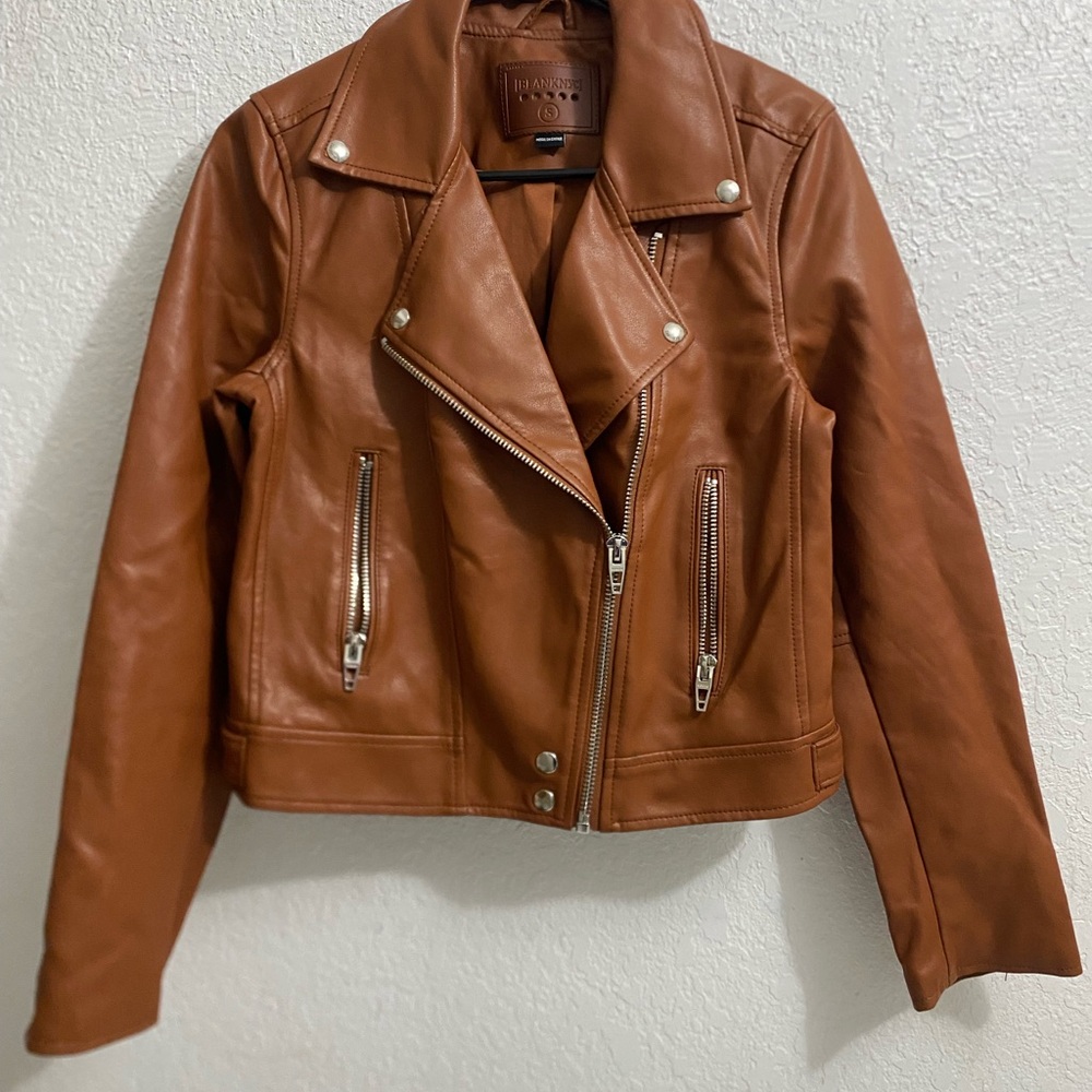 Blank NYC Cognac Faux Leather Moto Jacket with Zip Details